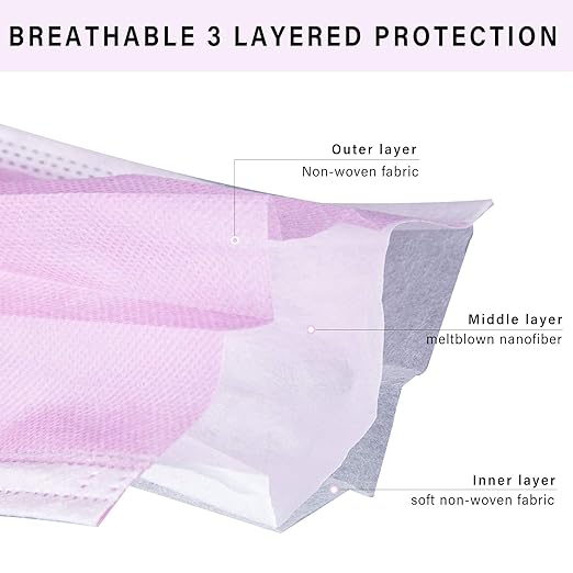 Borje Pink Disposable Face Mask 100 Pcs Pink Face Masks 3 Ply Protection Masks - Image 2