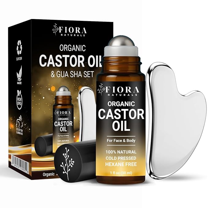 Organic Castor Oil Roll On & Stainless Steel Gua Sha Facial Tool – Metal Face by FioraNaturals
