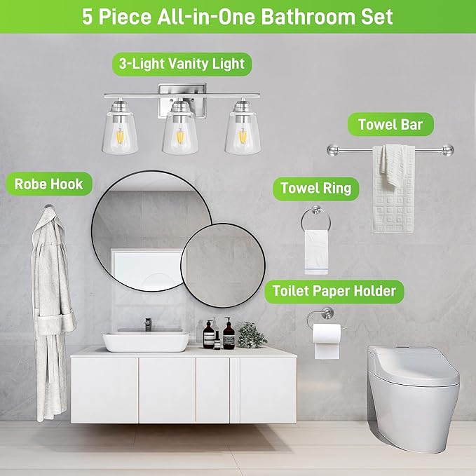 hykolity 3-Light Bathroom Vanity Light, 5-Piece All-in-One Bathroom Set - Image 4