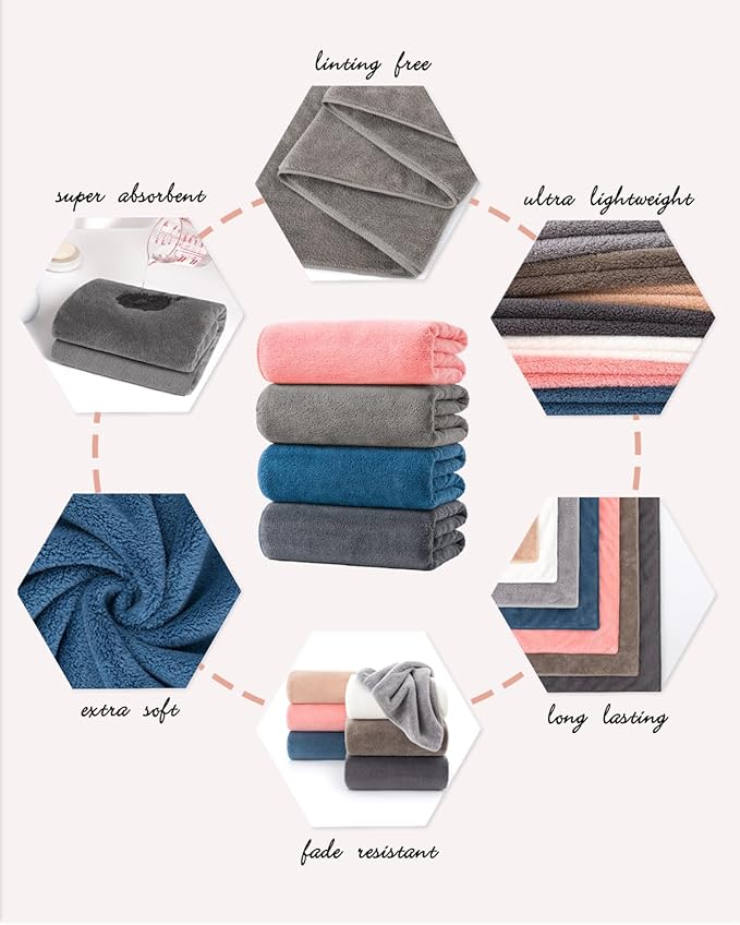 Lumimi 4 Pack Microfiber Bath Towel Set, Ultra Absorbent Quick Dry 29" L x 13" W - Image 2