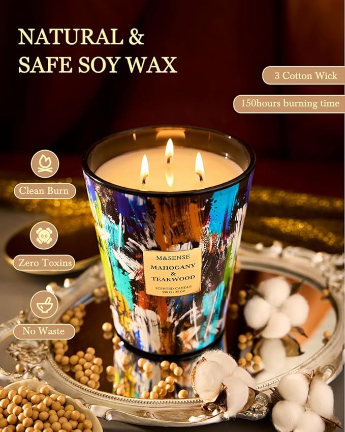 M&SENSE Large 3-Wick Teakwood Scented Soy Candle, 35oz 150 Hours Clean Burning - Image 4