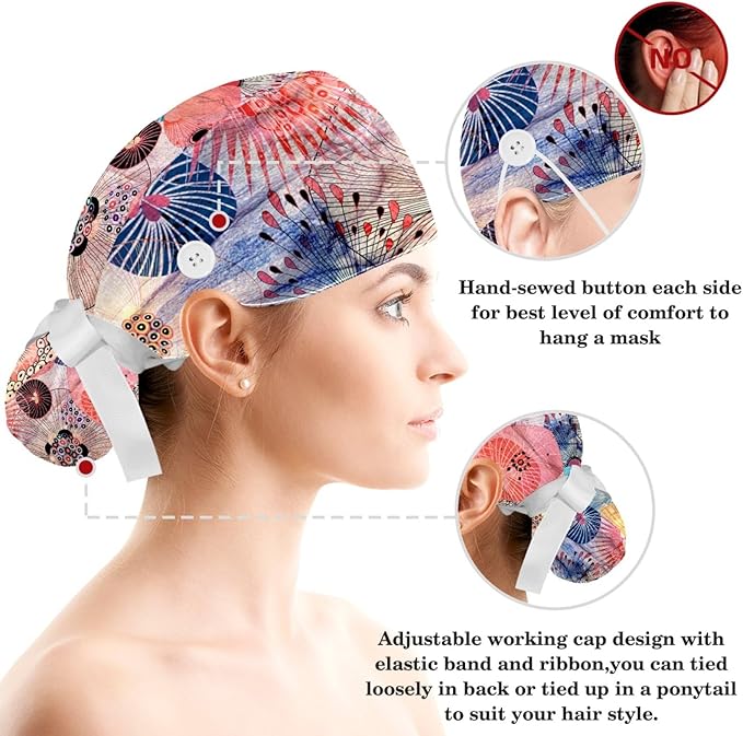 Women Working Cap with Buttons Bouffant Hat Autumn Leaves Nurse Scrub Caps Long - Image 3