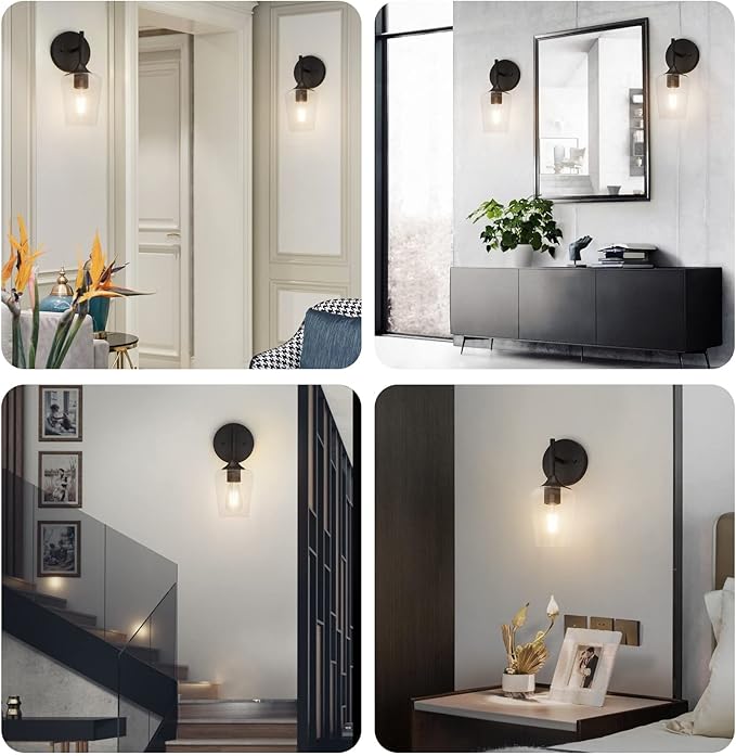 Ralbay Black Wall Sconces Set of 2 Matte Black Bathroom Lights Clear Glass - Image 7