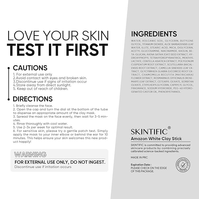SKINTIFIC Amazonian White Clay Purifying Stick, Deep Clean Pores Mud Mask - Image 2