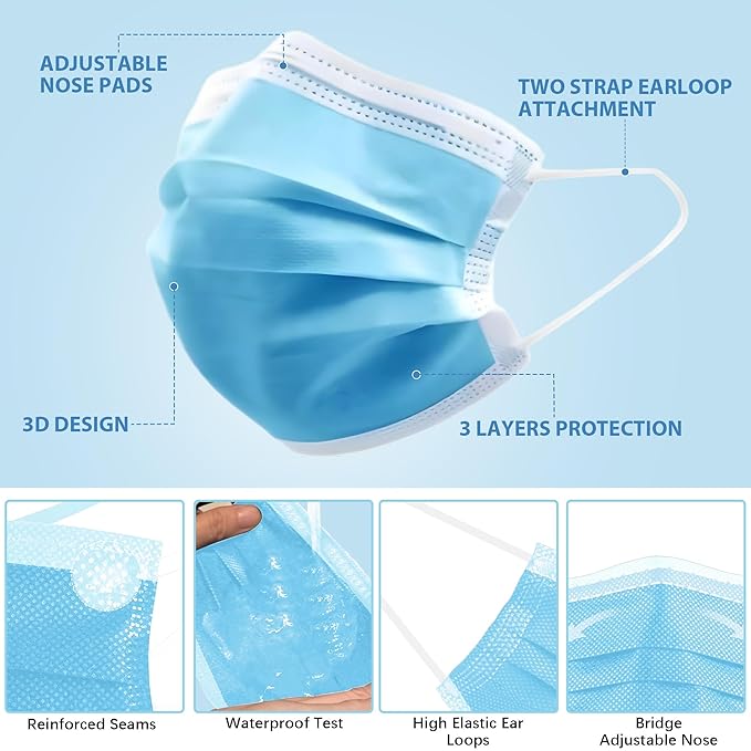LEMENT 125 Pcs Blue Disposable Face Masks, 3 Ply Face Mask Elastic Earloops - Image 3
