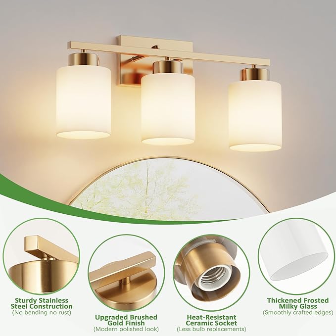 PARTPHONER 3-Light Brushed Gold Bathroom Light Fixtures, Modern Vanity Light - Image 3