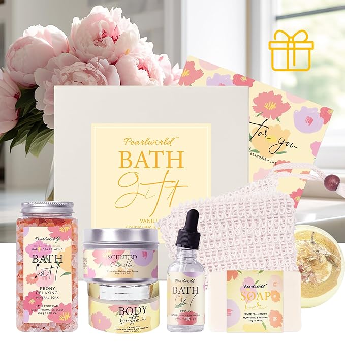 Peony Spa Gift Set for Women, Luxury 9 Pcs Bath Salts Set, Relaxation Gifts for - Image 4