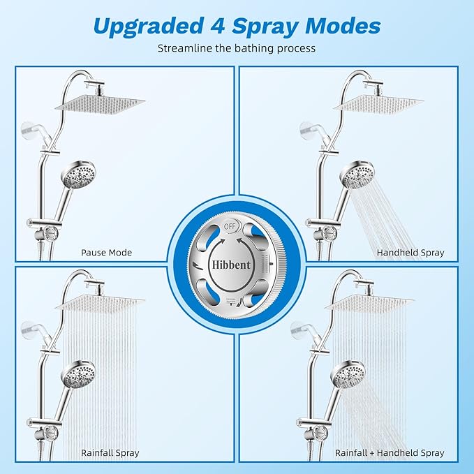 Hibbent cUPC Certified All Metal 8" Rainfall Showerhead Combo, High Pressure - Image 3