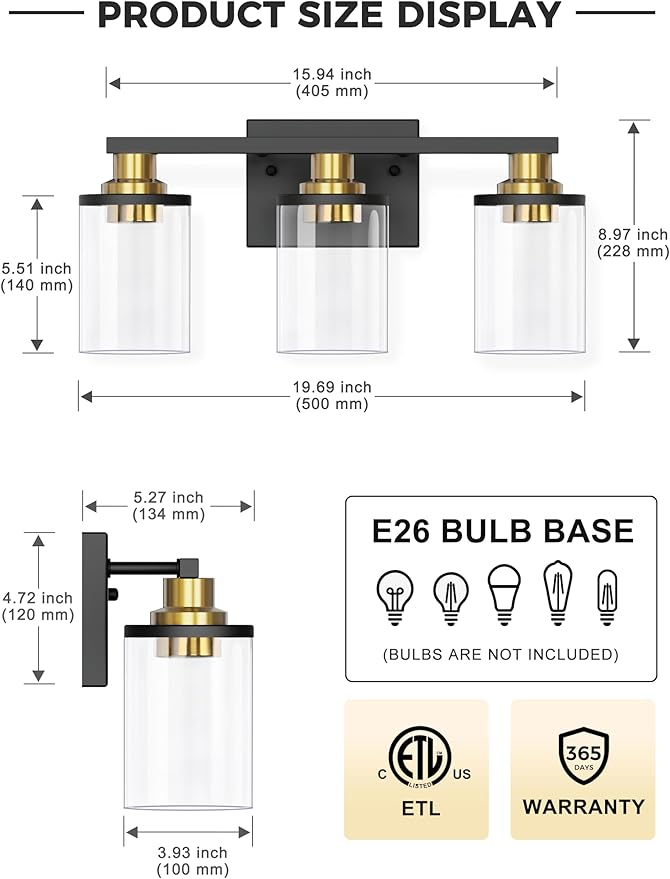 L LOHAS LED 3-Light Black and Gold Bathroom Light Fixtures, 20 Inch Modern - Image 3