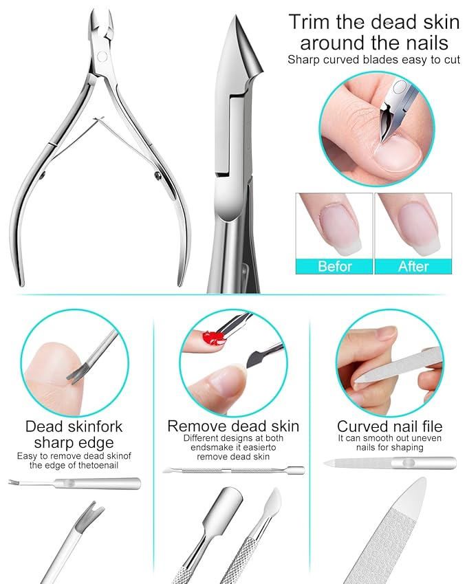 7pc Ingrown Toenail Remover Pedicure Tools Kit, Nail Clippers, File and Lifters - Image 3