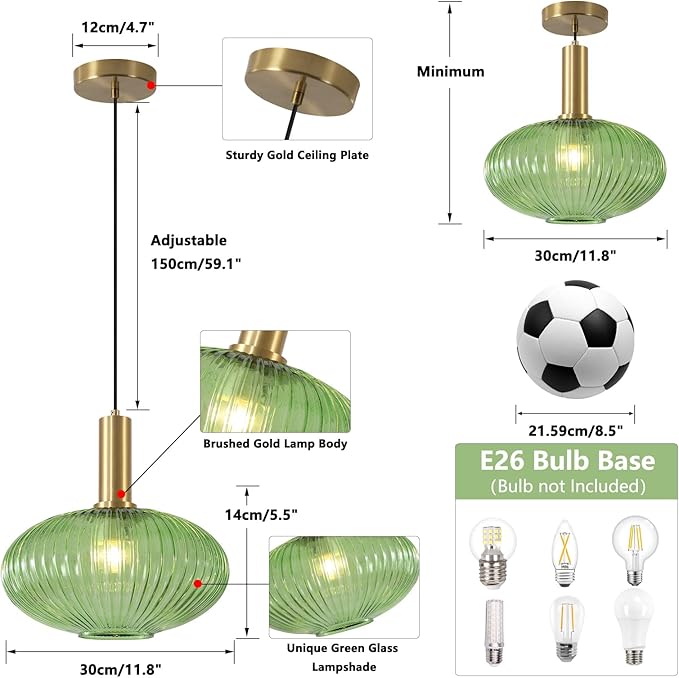 KCO Lighting Modern Gold Globe Pendant Light Black Green Glass Bathroom Fixture - Image 2