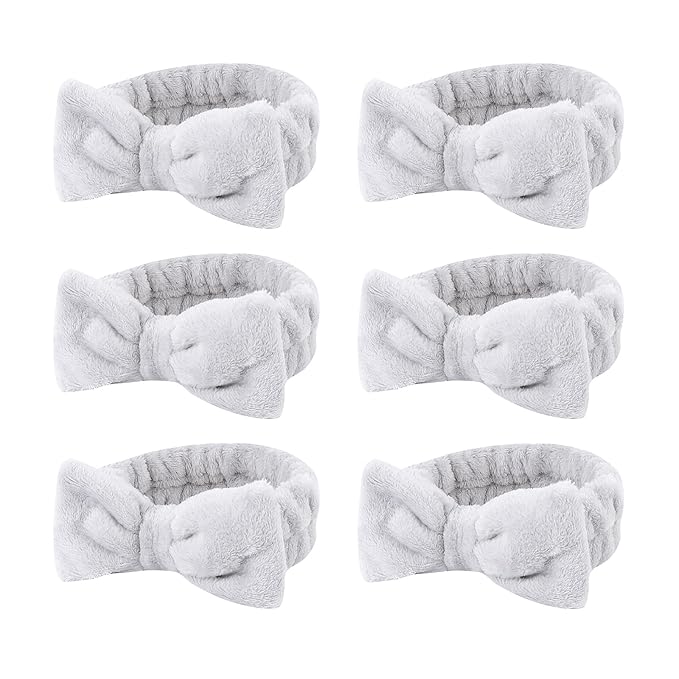 Casoty 6 Pcs Grey Spa Headband, Bow Hair Band, Soft Coral Fleece Makeup Headband by Casoty