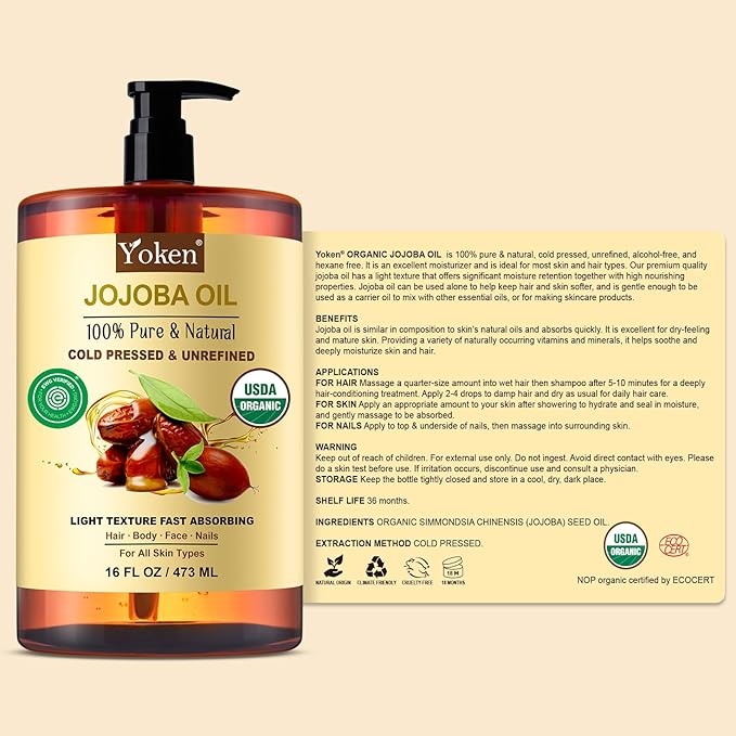 Yoken Pure Jojoba Oil Organic USDA Certified 16 fl oz, 100% Natural Jojoba Oil - Image 7