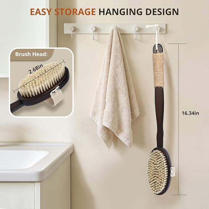 Dry & Wet Brushing Body Brush, Natural Boar Bristle Back Scrubber - Image 8
