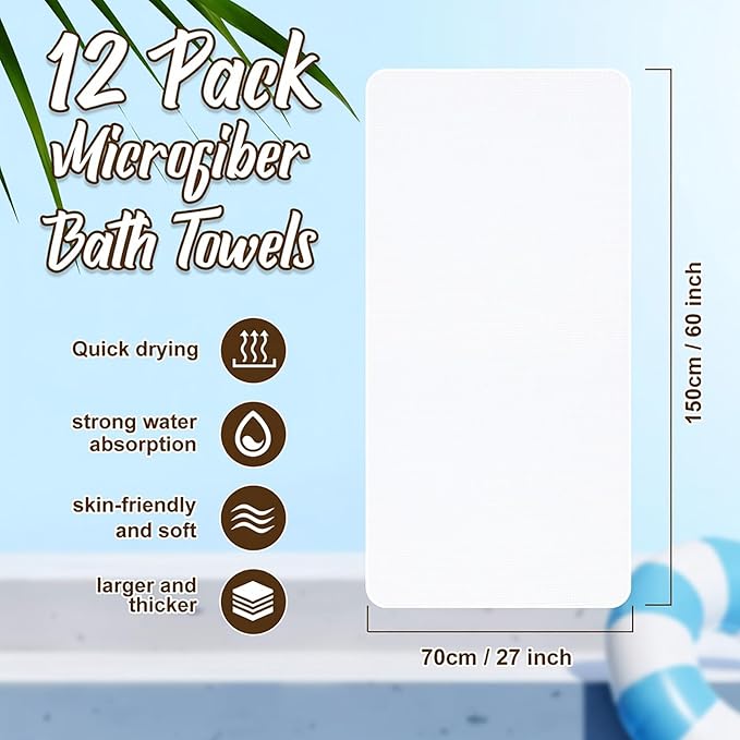SmoothNovelty 12 Pack Microfiber Bath Towels Bulk 27'' x 60'' Oversized Beach - Image 2