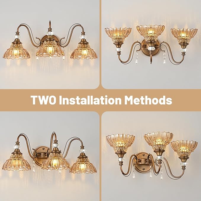 Vintage Bathroom Vanity Light, 3-Light Matte Antique Brass Finish Wall Sconce - Image 3