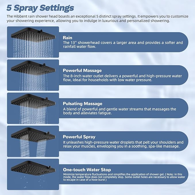 Hibbent 5-spray Filtered Rainfall Shower Head Combo, High Pressure 13'' - Image 2