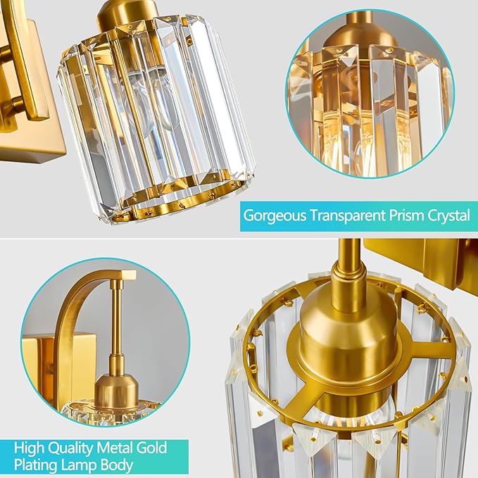 Bathroom Crystal Vanity Lights 2-Light Gold Wall Lamp Modern Crystal Bathroom - Image 5