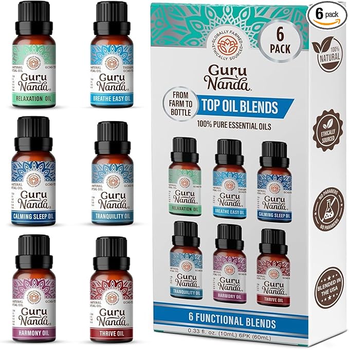 GuruNanda Essential Oil Blends – 6 Pack, Breathe Easy, Tranquility, Relaxation by Gurunanda