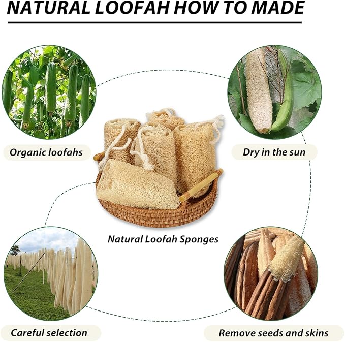 Natural Loofah Sponge Organic Loofa Set 6 Pack, Exfoliating Body Scrubber - Image 6