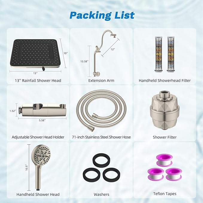 Hibbent 5-spray Dual Filtered Rainfall Shower Head Combo, High Pressure 13'' - Image 9