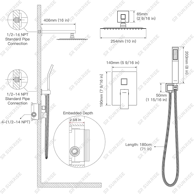 SR SUN RISE ORB Square Rainfall Shower Head and Handle Set, Wall Mounted Shower - Image 8