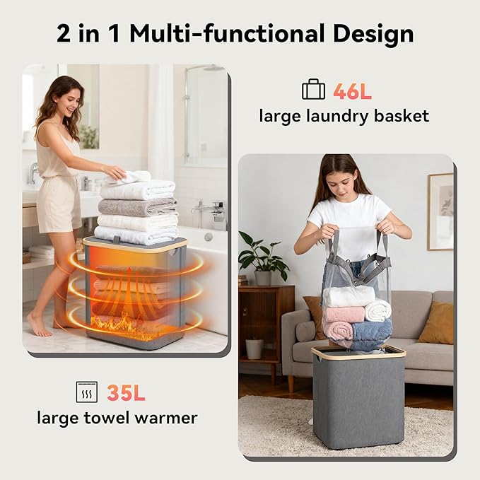 35L Large Towel Warmer/46L Laundry Basket, 2-in-1 Innovative Design, Foldable - Image 2