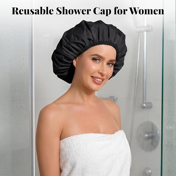 3Pcs Waterproof Shower Caps for Women, Reusable Shower Cap for Long Hair - Image 3