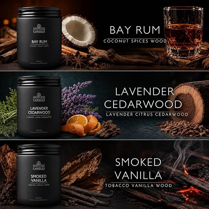 Mens Candle 3 x 8oz Pack Smoked Vanilla Bay Rum and Lavender Cedarwood Scents - Image 2