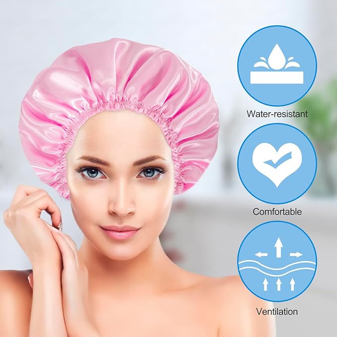 Shower Cap for Women Set of 4, Bath Caps, Double Layers Hair Caps + 3 Satin - Image 4