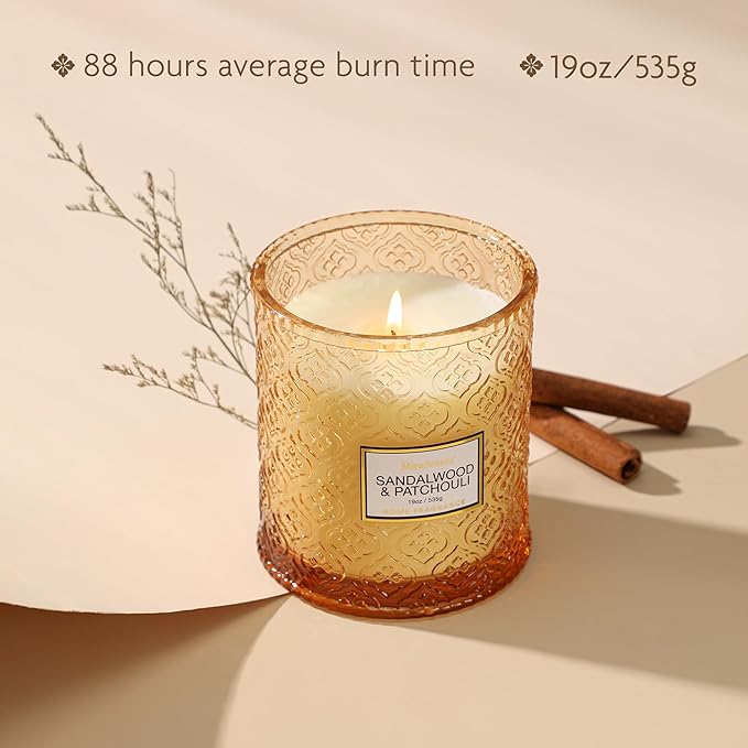Sandalwood & Patchouli Candle, Luxury Decorative Glass Candle 19oz, Soy Wax - Image 4