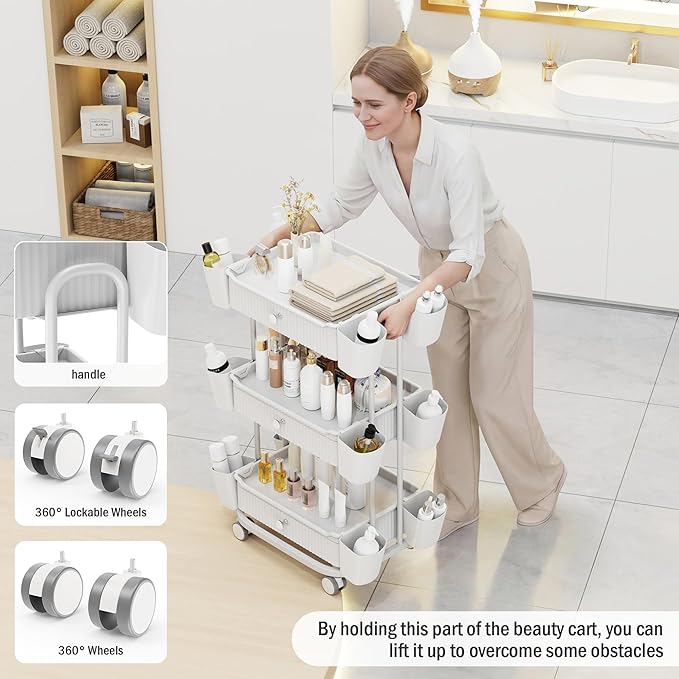 3 Tier Drawer Beauty Cart with 12 Movable Storage Organizer, Thickened ABS & - Image 4