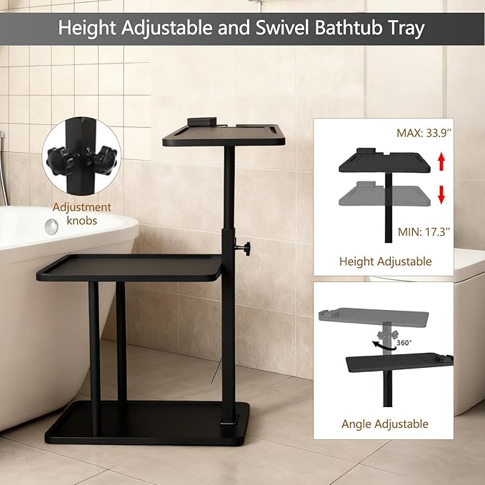 3 Layer Bathtub Tray Table, Bamboo Swivel Bathtub Side Table Height Adjustable - Image 3