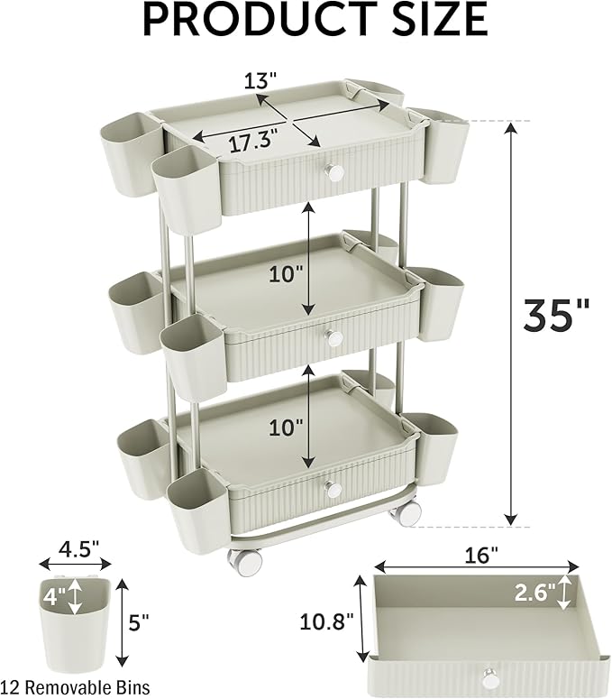 3 Tier Drawer Beauty Cart with 12 Movable Storage Organizer, Thickened ABS & - Image 2