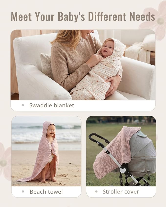 Blissful Diary Muslin Baby Hooded Towel 2 Pack, Soft & Absorbent Bath Towel - Image 6