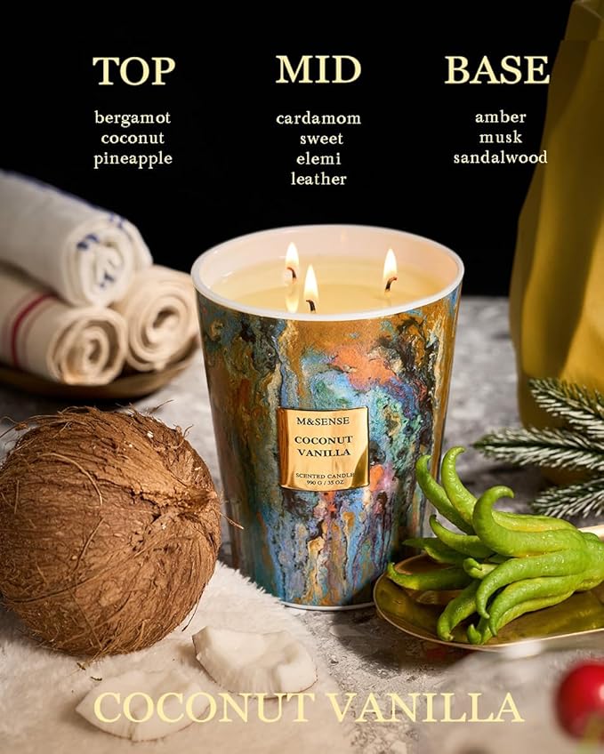 M&SENSE Large 3-Wick Coconut Vanilla Scented Soy Candle, 35oz 150 Hours - Image 3