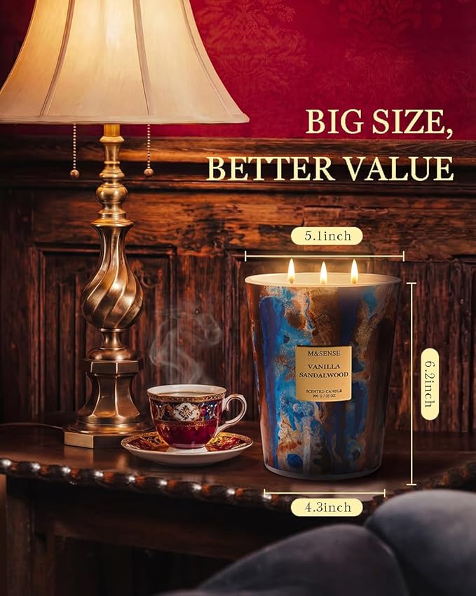 M&SENSE Large Soy Vanilla Sandalwood Scented Candle, 35oz 150 Hours 3-Wick - Image 2