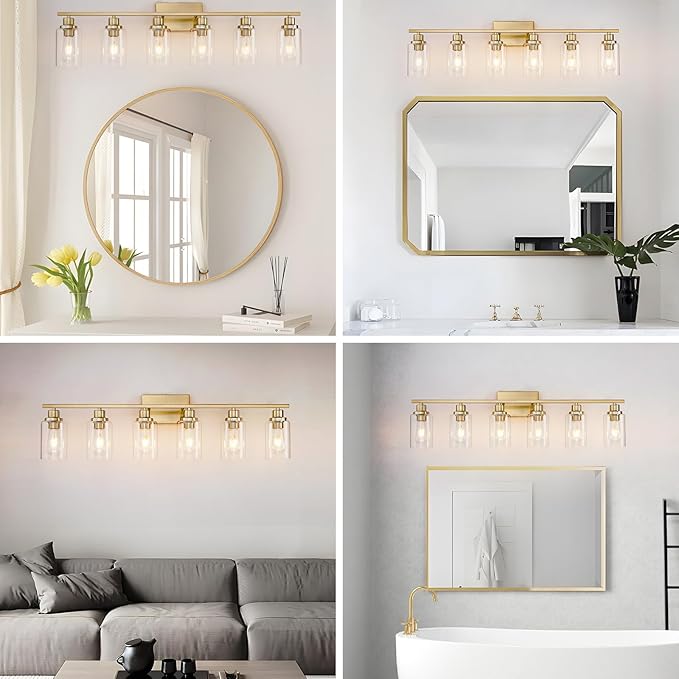 6 Light Gold Bathroom Light Fixtures Brushed Brass Vanity Light Over Mirror - Image 5