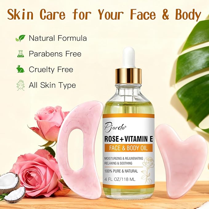 Pjordo Vitamin E Rose Oil & Gua Sha Massage Tools Set, Gua Sha Oil - Image 8