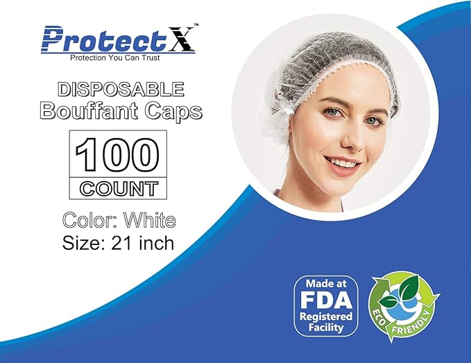 ProtectX 100-Pack White Disposable Hair Nets, Elastic Head Cover, Bouffant Caps - Image 3