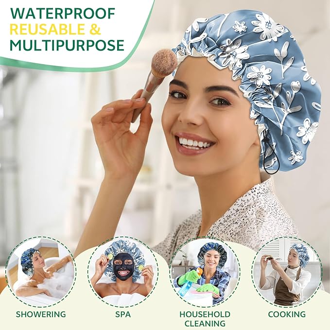 2 PCS Shower Cap Waterproof Double Layer Elastic Adjustable Reusable Hair Bath - Image 6