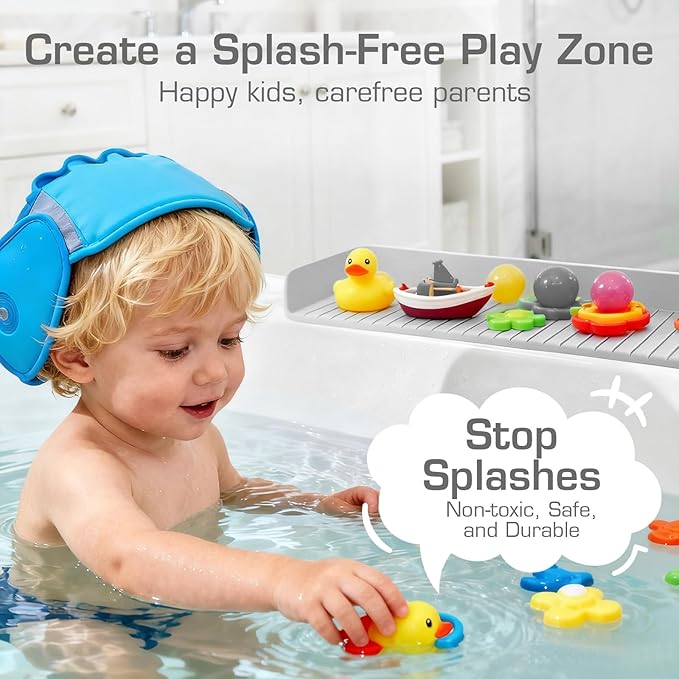 31.5" Bathtub Splash Guard for Kids & Toddlers- Silicone Play Shelf & Toy - Image 3