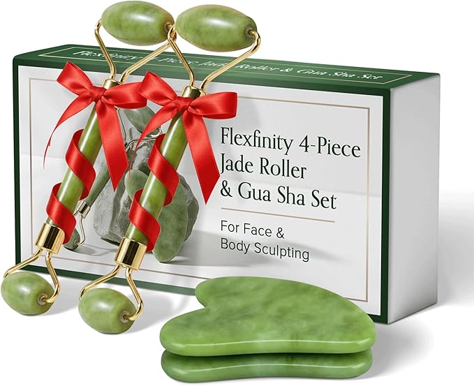 Jade Roller and Gua Sha Set for Face & Body – 4-Piece Authentic Jade Facial by Unknown