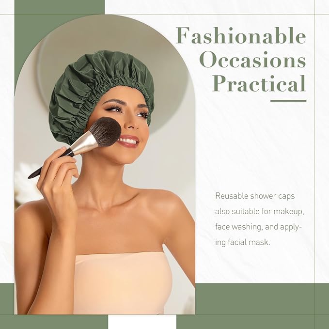 Reusable Shower Cap for Women, Large Waterproof Shower Bonnet Washable Elastic - Image 2