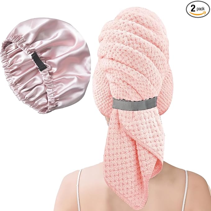 Large Microfiber Hair Towel Wrap & Satin Bonnet Set by Netcken