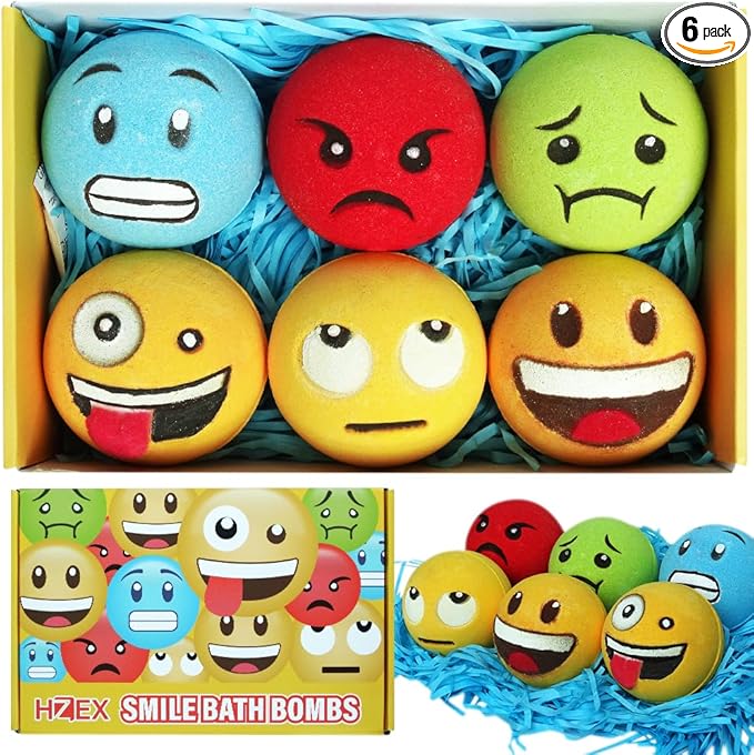 HZEX Large Emotion Face Bath Bombs Set of 6 – Fun Emoji-Inspired Spa Fizzies – by HZEX
