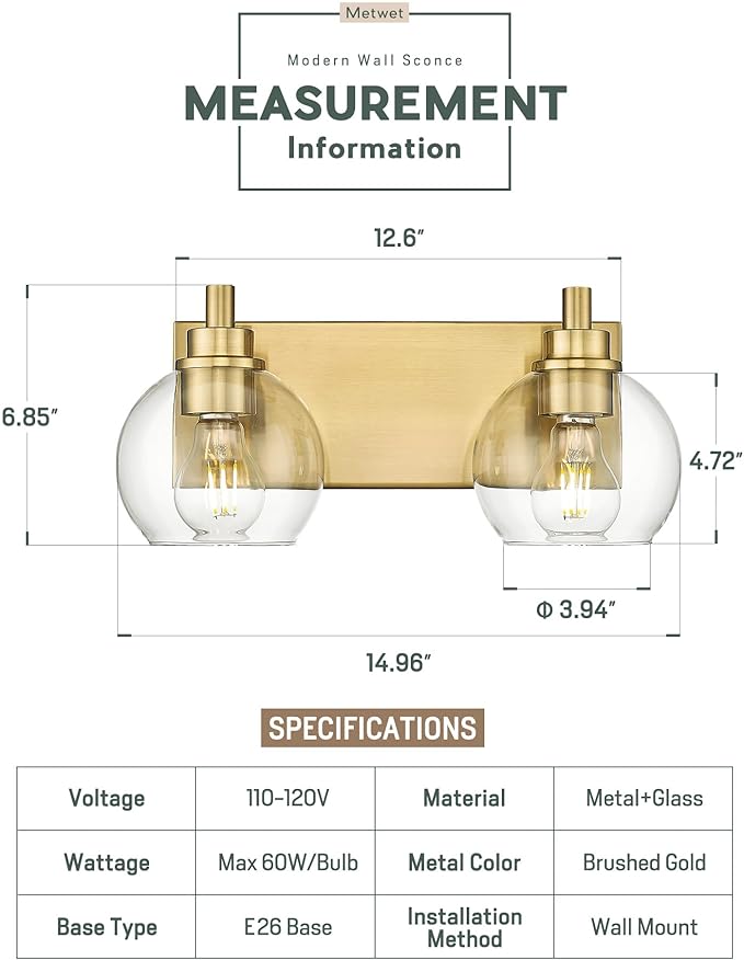 Bathroom Light Fixtures, 2 Light Brushed Gold Vanity Light, Modern Wall Sconces - Image 3