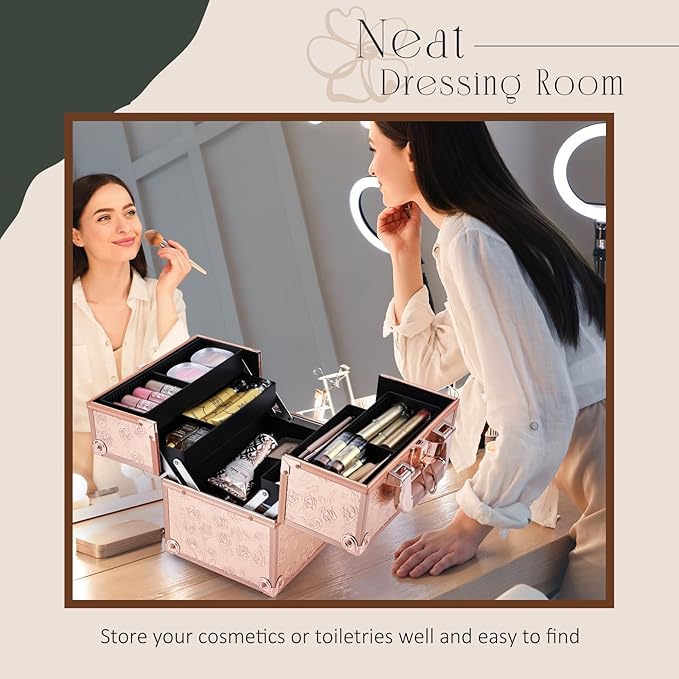 FRENESSA Makeup Train Case Cosmetic Box Portable Makeup Case Organizer 4 Trays - Image 7