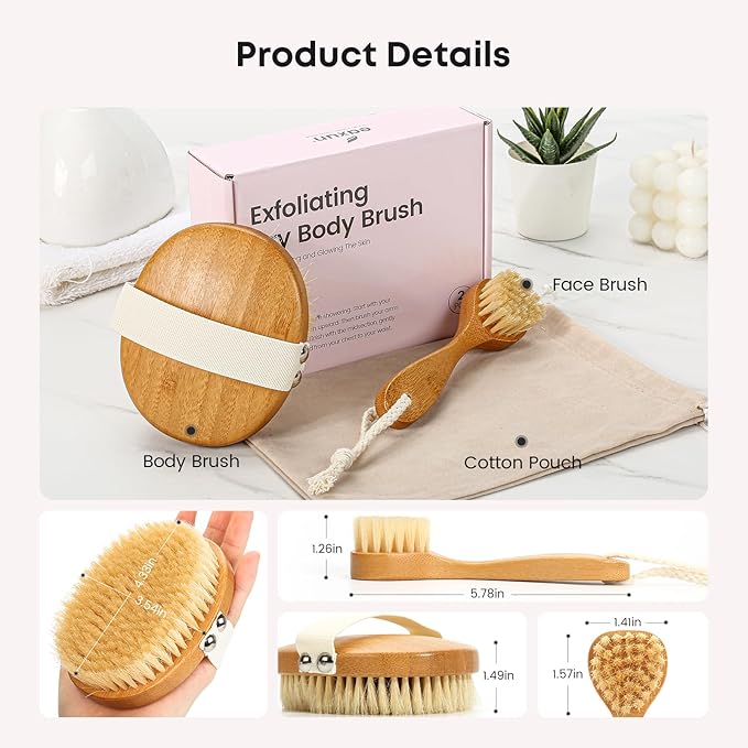 eaxun Bamboo Dry Brushing Body Brush Set, Natural Exfoliating Boar Bristle Face - Image 2