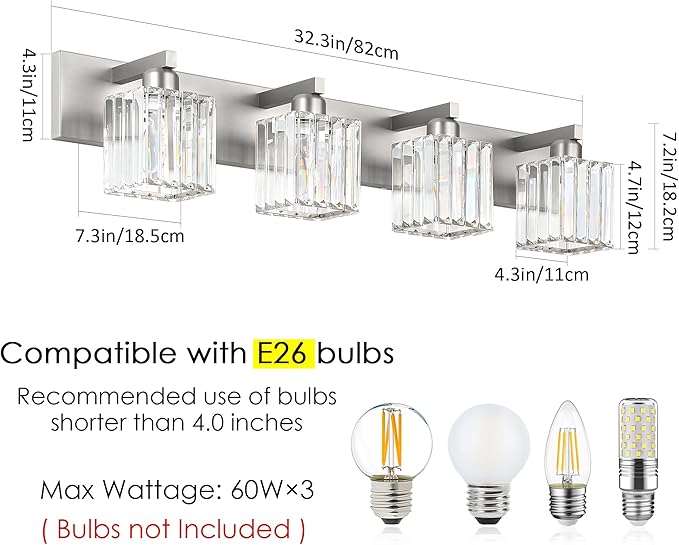 Aipsun Brushed Nickel Bathroom Lighting Fixtures 4 Light Crystal Modern - Image 6